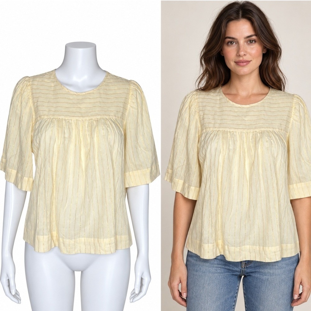 Happy Nature Top Womens S Cream Gold Metallic Stripe Cotton Gauze Boho Peasant